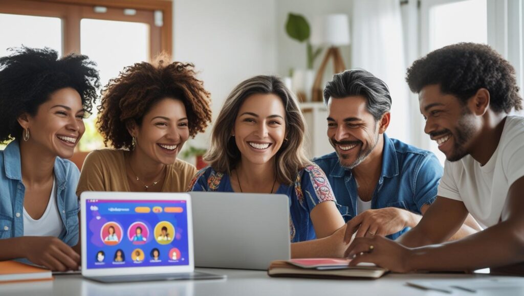 quiero imagenes de personas que estan estudiando español en internet con una profesora colombiana y que esten alegres adultos